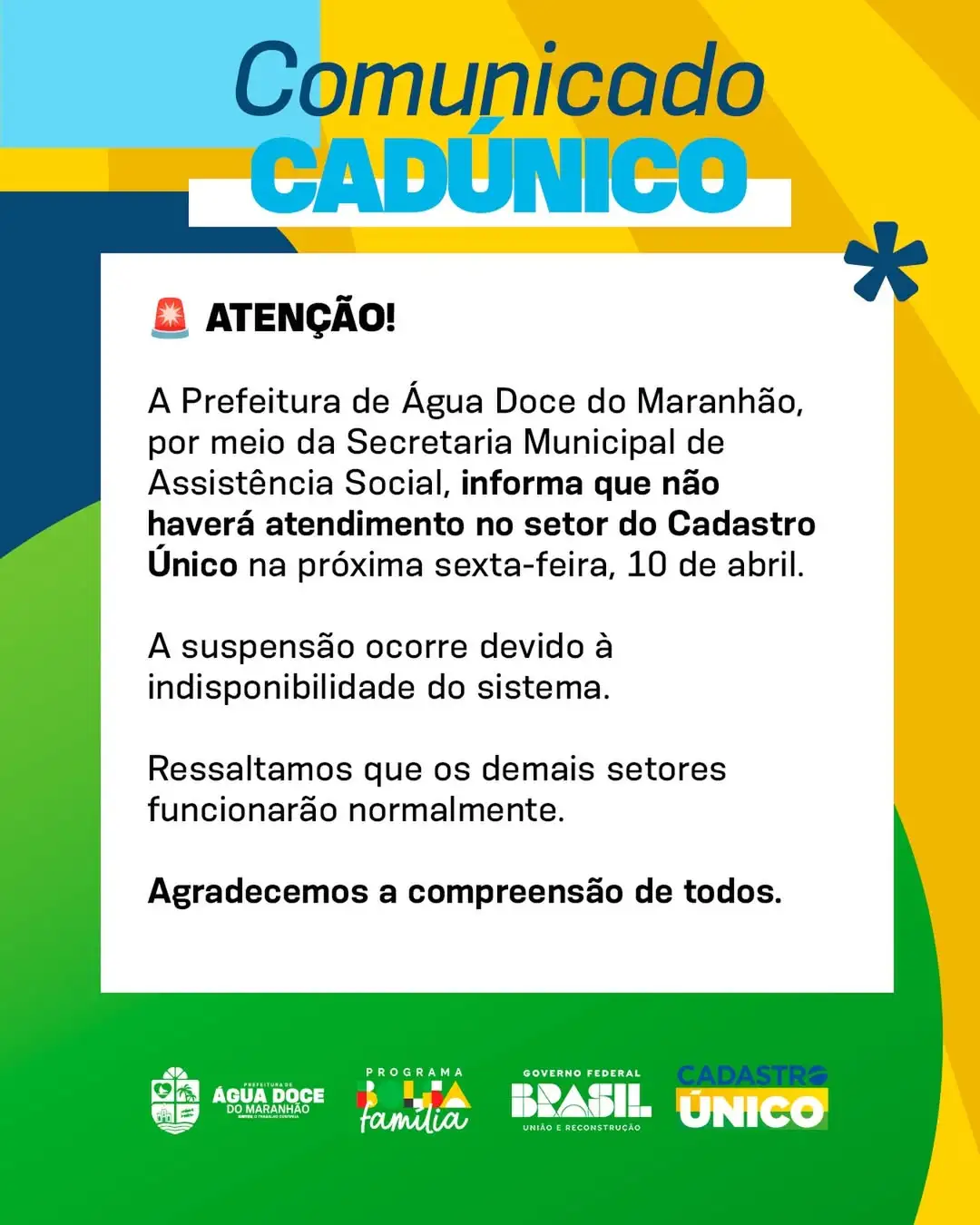 Foto 1 – Comunicado Oficial sobre atendimento do Cadastro Único