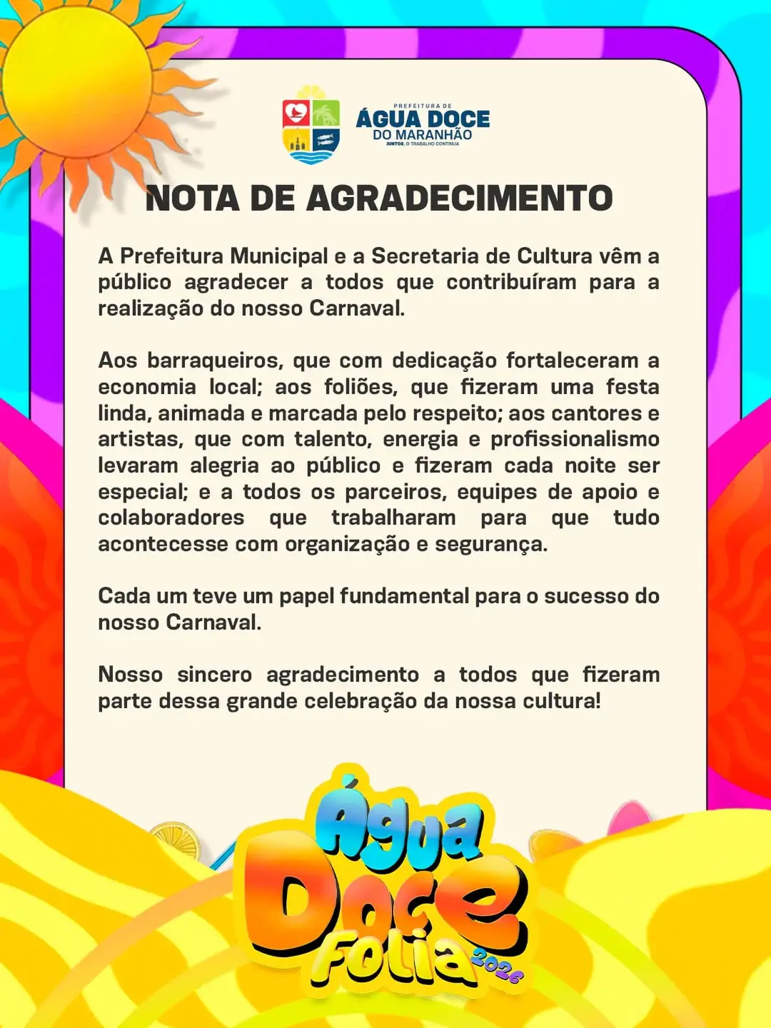 Foto 1 – 💛 Nota de Agradecimento | Prefeitura de Água Doce do Maranhão